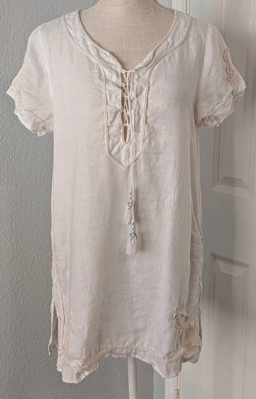 Calypso St. Barth Sz LARGE Linen Embroidered Lace Up Tassel Tunic Dress Cream